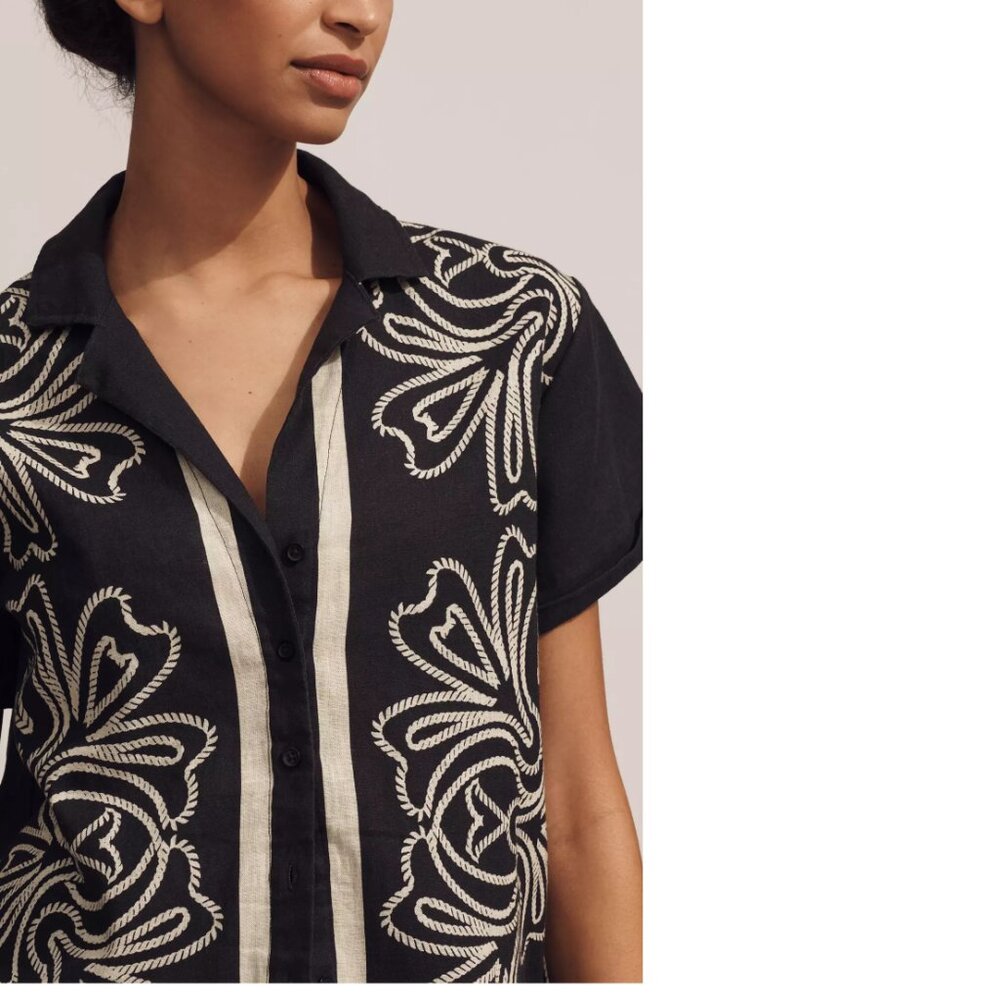 Anthropologie The Brenna Short-Sleeve Buttondown Shirt Linen Edition M new black - Picture 3 of 6